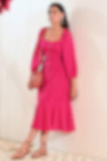 Pink A-line Cotton Midi Dress by MoonTara