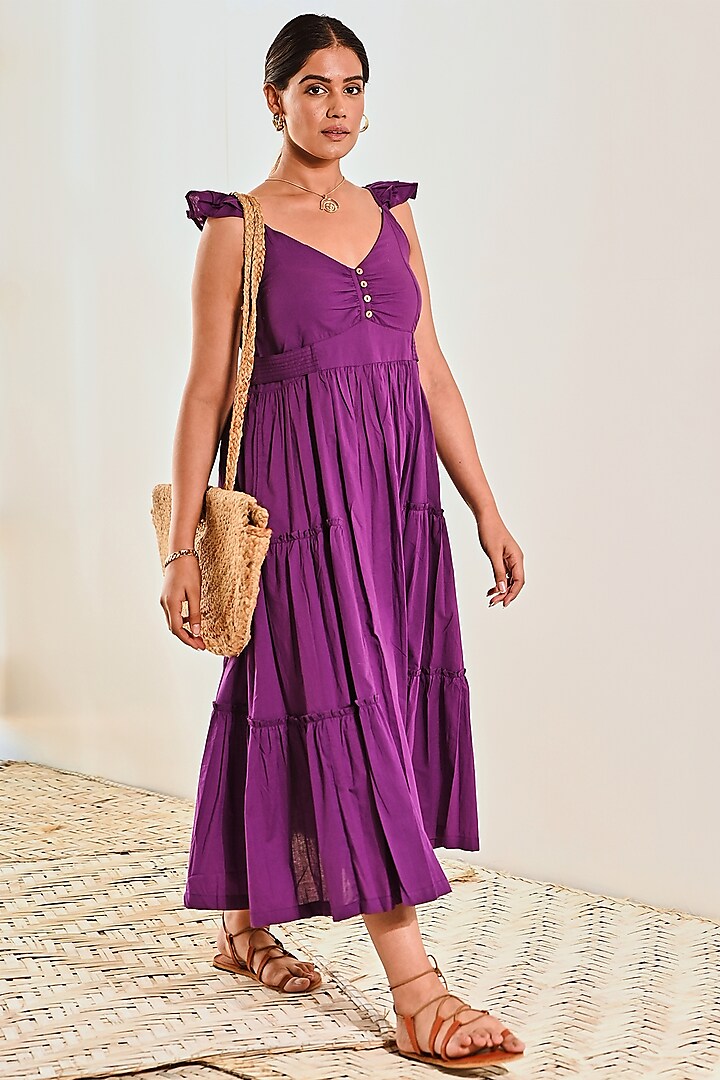 Purple Cotton Tiered Midi Dress by MoonTara at Pernia's Pop Up Shop