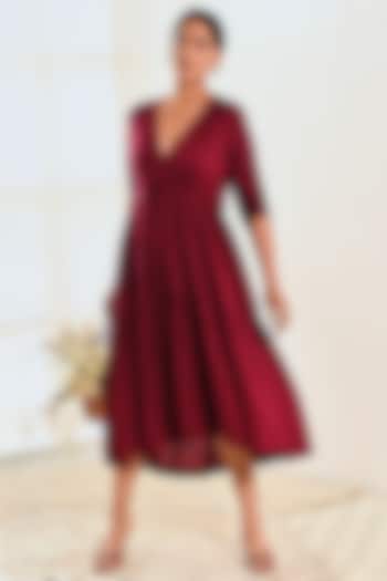 Wine Cotton Asymmetric Midi Dress by MoonTara