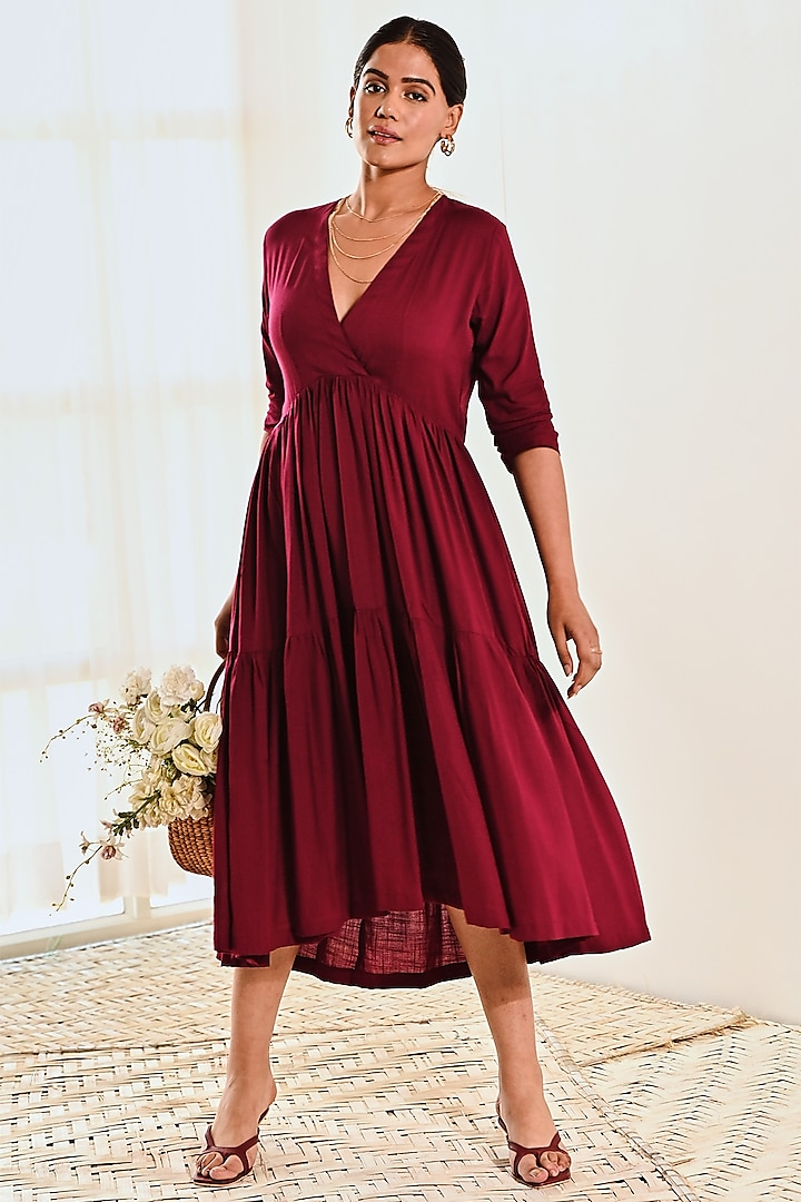 Wine Cotton Asymmetric Midi Dress by MoonTara