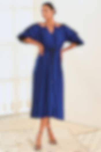 Blue Cotton Flared Midi Dress by MoonTara at Pernia's Pop Up Shop