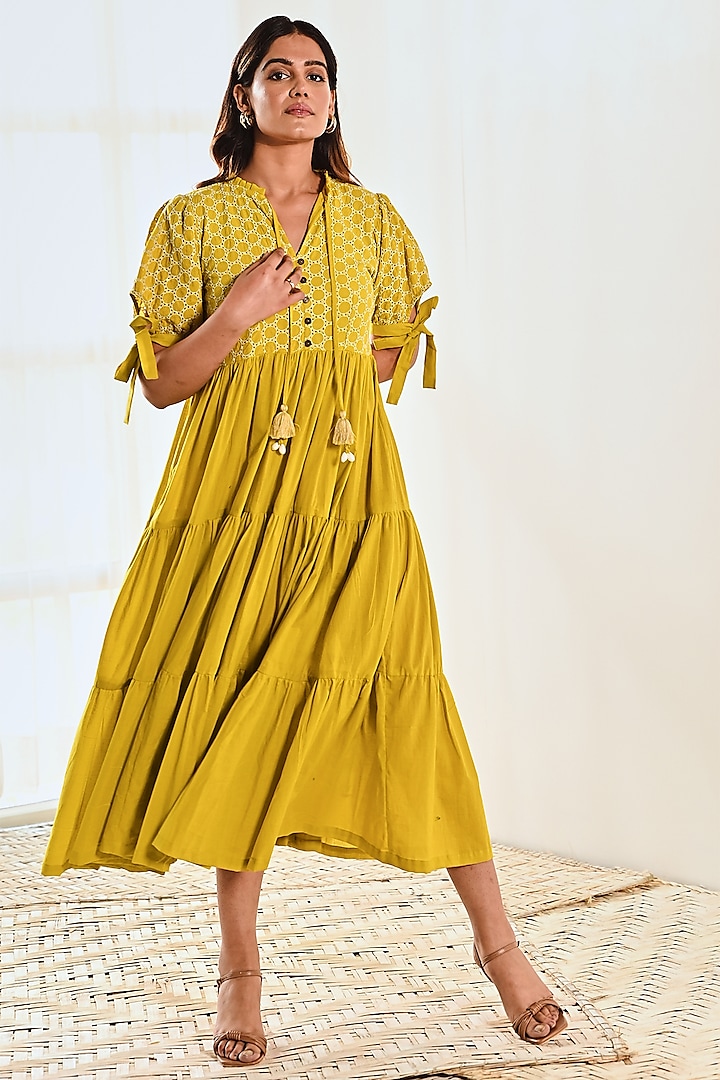 Yellow Cotton Embroidered Gathered Dress by MoonTara at Pernia's Pop Up Shop