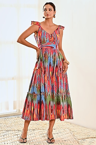 Red Cotton Ikat Printed Dress by MoonTara