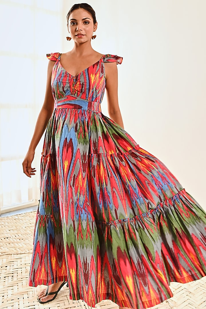 Red Cotton Ikat Printed Summer Dress by MoonTara at Pernia's Pop Up Shop