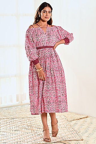Pink & Maroon Cotton Ikat Printed Dress by MoonTara