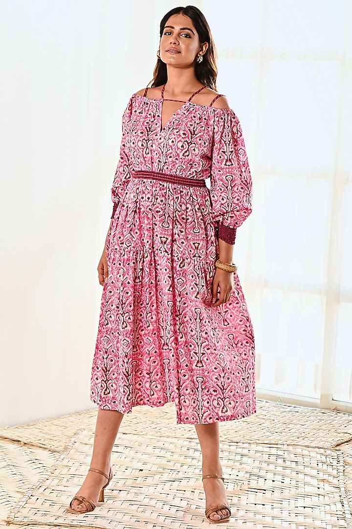 Pink & Maroon Cotton Ikat Printed Summer Dress by MoonTara at Pernia's Pop Up Shop