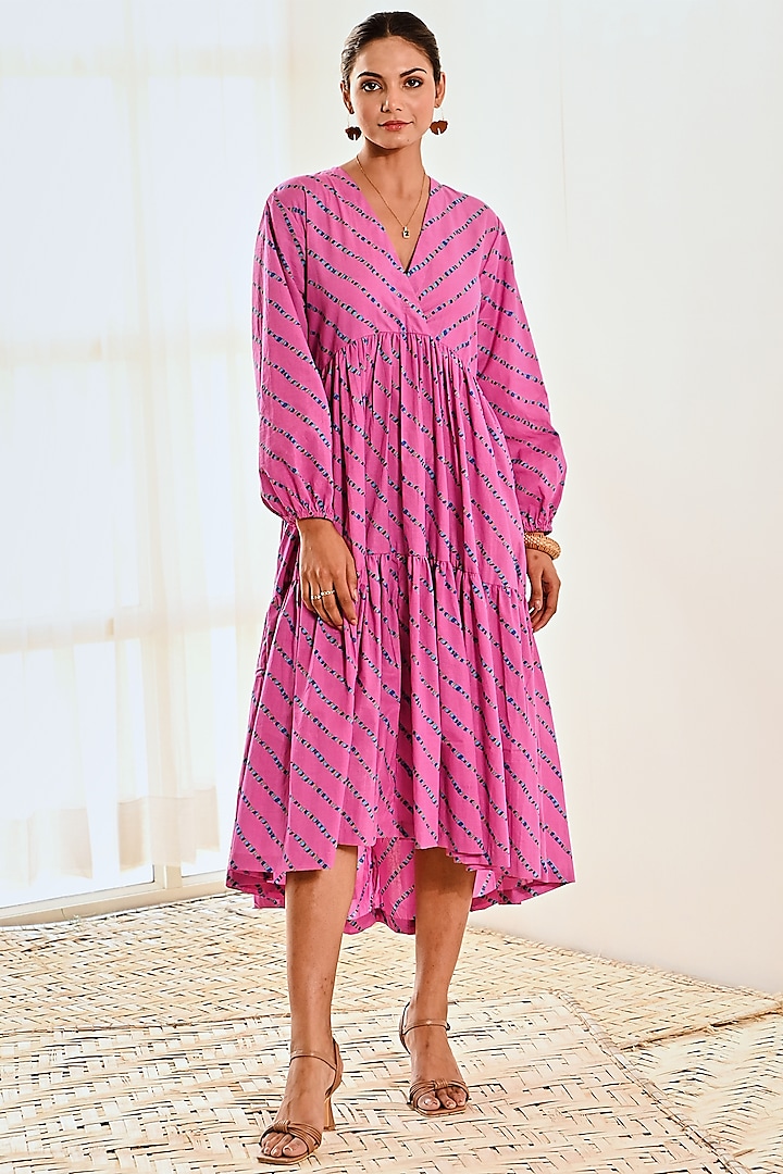 Pink Cotton Printed Dress by MoonTara