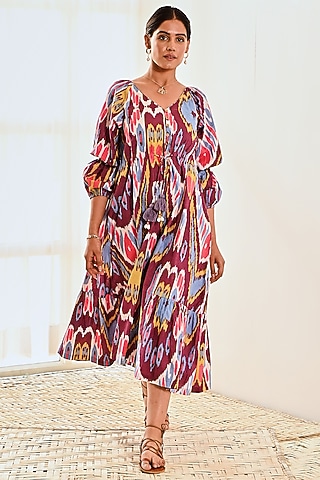 Purple Cotton Ikat Printed Dress by MoonTara