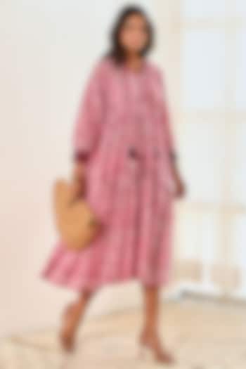 Pink & Maroon Cotton Ikat Printed Dress by MoonTara