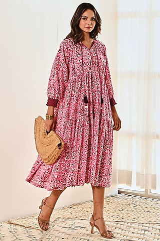 Pink & Maroon Cotton Ikat Printed Dress by MoonTara