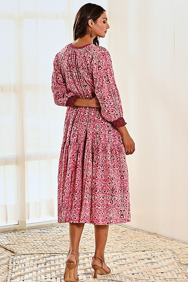 Pink & Maroon Cotton Ikat Printed Summer Dress by MoonTara at Pernia's Pop Up Shop