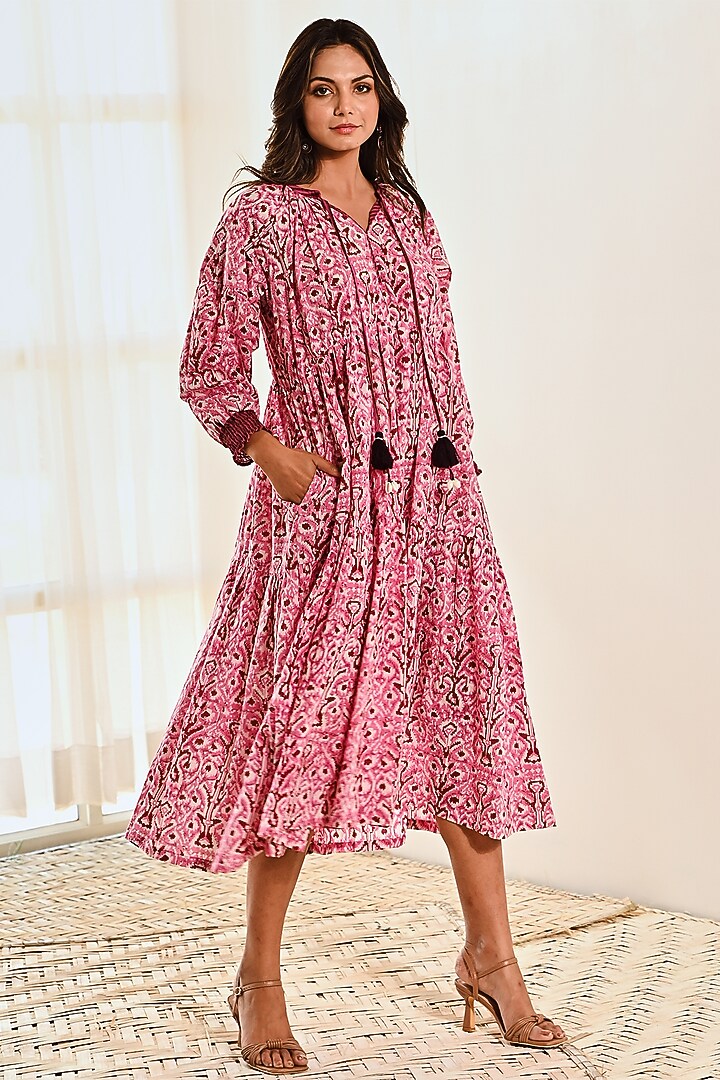 Pink & Maroon Cotton Ikat Printed Summer Dress by MoonTara at Pernia's Pop Up Shop