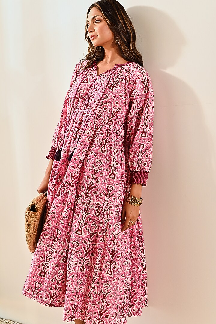 Pink & Maroon Cotton Ikat Printed Summer Dress by MoonTara at Pernia's Pop Up Shop