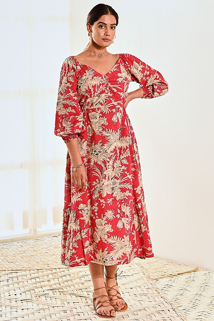 Red Cotton Floral Printed Summer Dress by MoonTara at Pernia's Pop Up Shop
