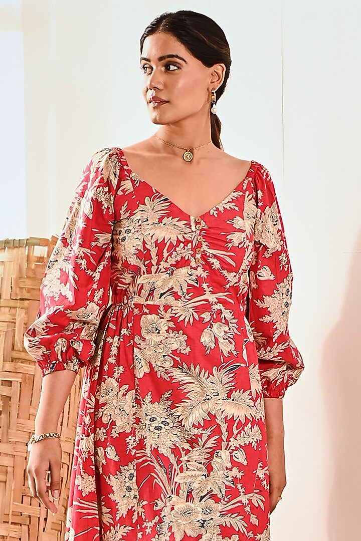 Red Cotton Floral Printed Summer Dress by MoonTara at Pernia's Pop Up Shop