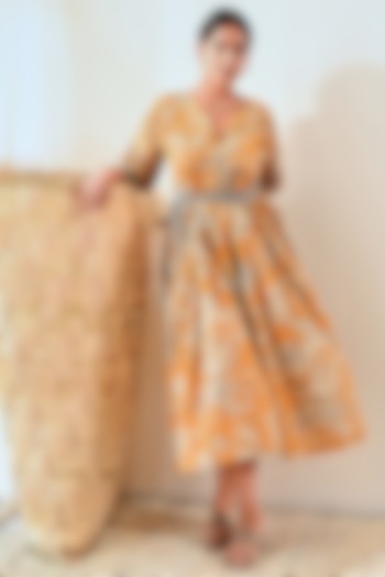 Yellow Cotton Floral Printed Dress by MoonTara