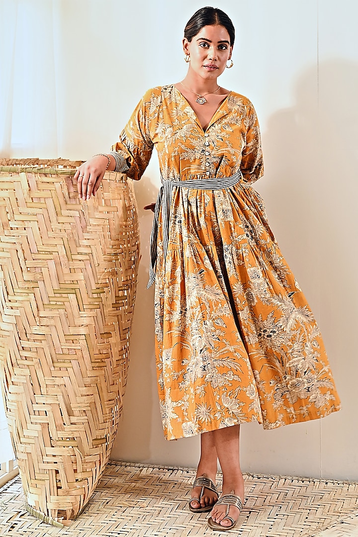 Yellow Cotton Floral Printed Dress by MoonTara