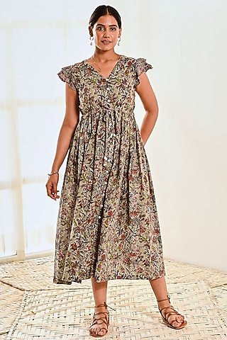 Blue Cotton Printed Dress by MoonTara
