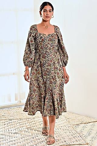 Blue Cotton Block Printed Dress by MoonTara