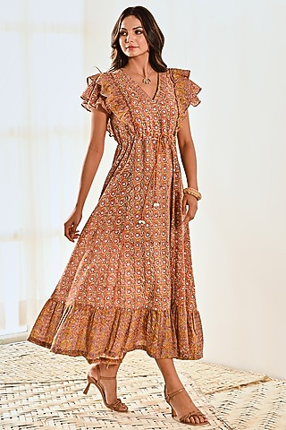 Rust Cotton Block Printed Dress by MoonTara