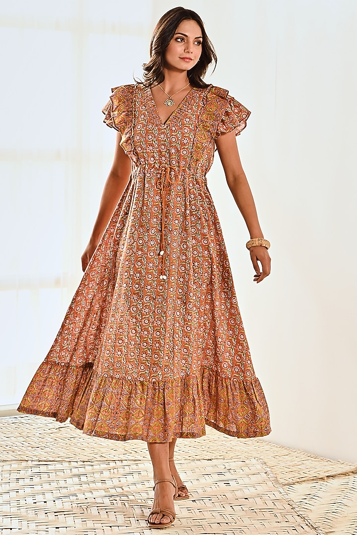 Rust Cotton Block Printed Summer Dress by MoonTara at Pernia's Pop Up Shop