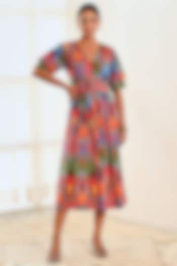 Red Cotton Ikat Printed A-Line Dress by MoonTara
