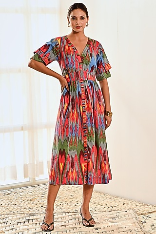 Red Cotton Ikat Printed A-Line Dress by MoonTara