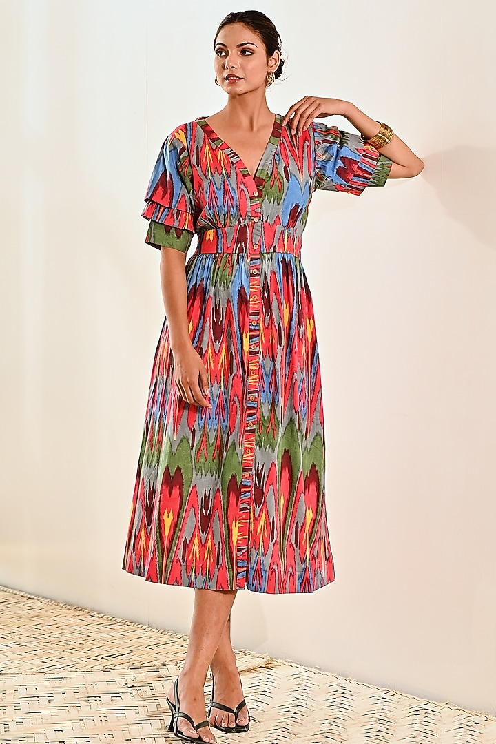 Red Cotton Ikat Printed A-Line Summer Dress by MoonTara at Pernia's Pop Up Shop