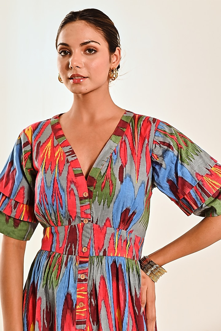 Red Cotton Ikat Printed A-Line Summer Dress by MoonTara at Pernia's Pop Up Shop