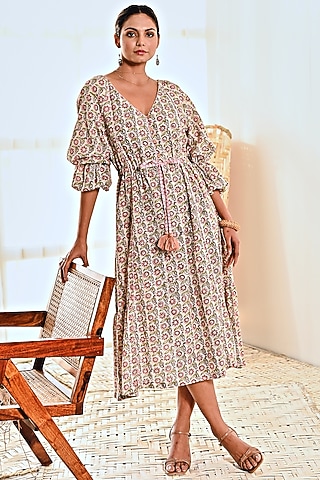 White Cotton Floral Printed Dress by MoonTara