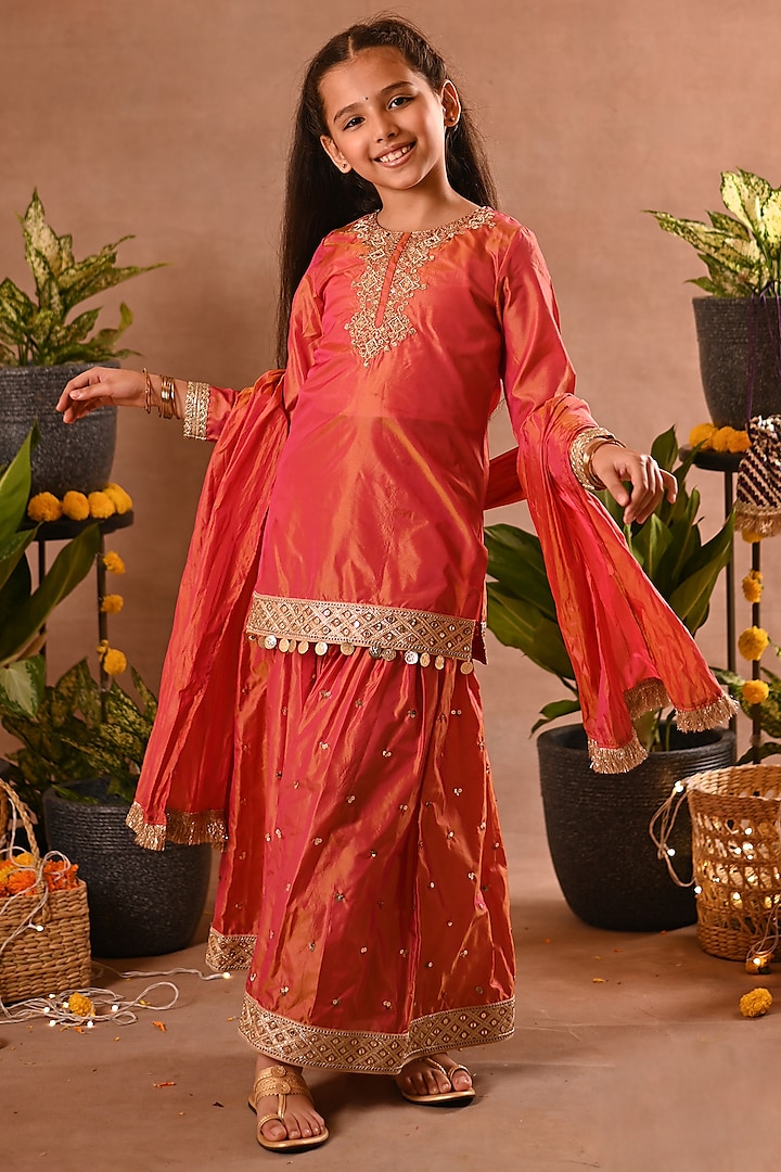 Orange Silk & Cotton Voile Sharara Set For Girls by MINI TRAILS at Pernia's Pop Up Shop