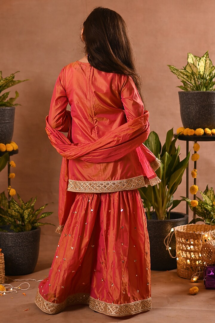 Orange Silk & Cotton Voile Sharara Set For Girls by MINI TRAILS at Pernia's Pop Up Shop
