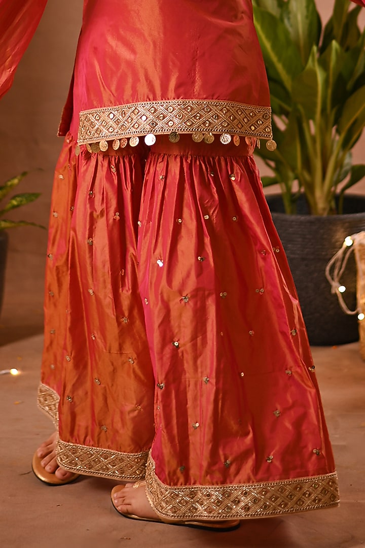 Orange Silk & Cotton Voile Sharara Set For Girls by MINI TRAILS at Pernia's Pop Up Shop