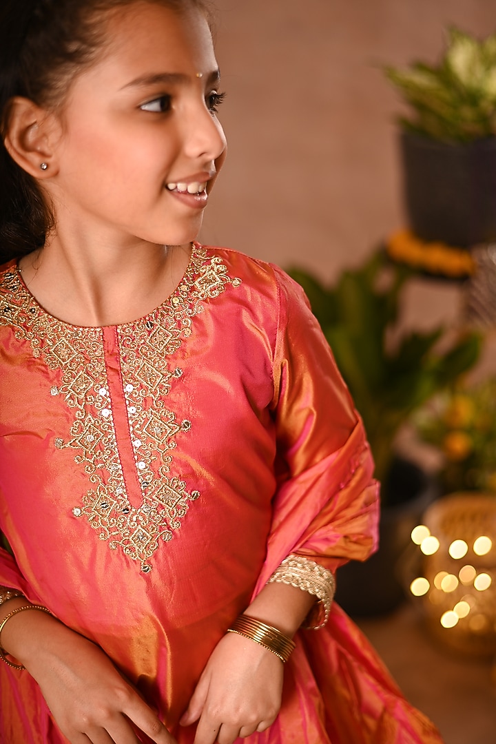 Orange Silk & Cotton Voile Sharara Set For Girls by MINI TRAILS at Pernia's Pop Up Shop