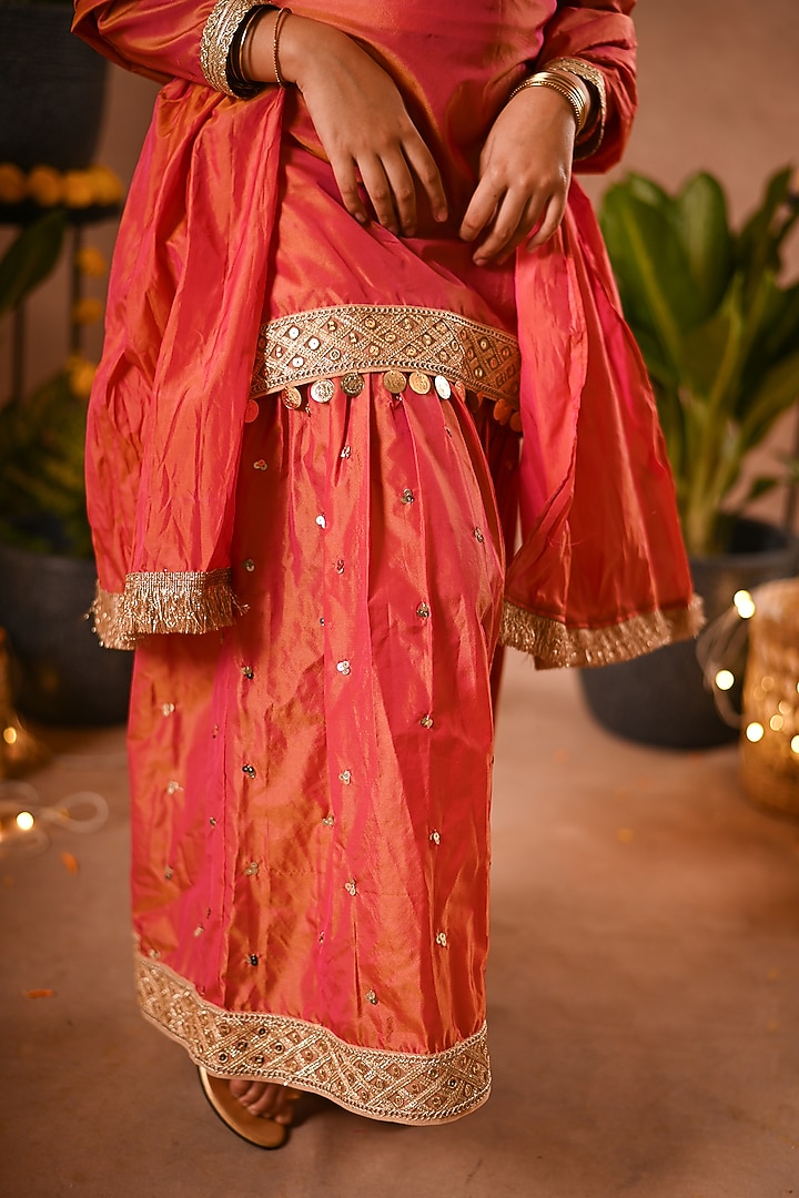 Orange Silk & Cotton Voile Sharara Set For Girls by MINI TRAILS at Pernia's Pop Up Shop