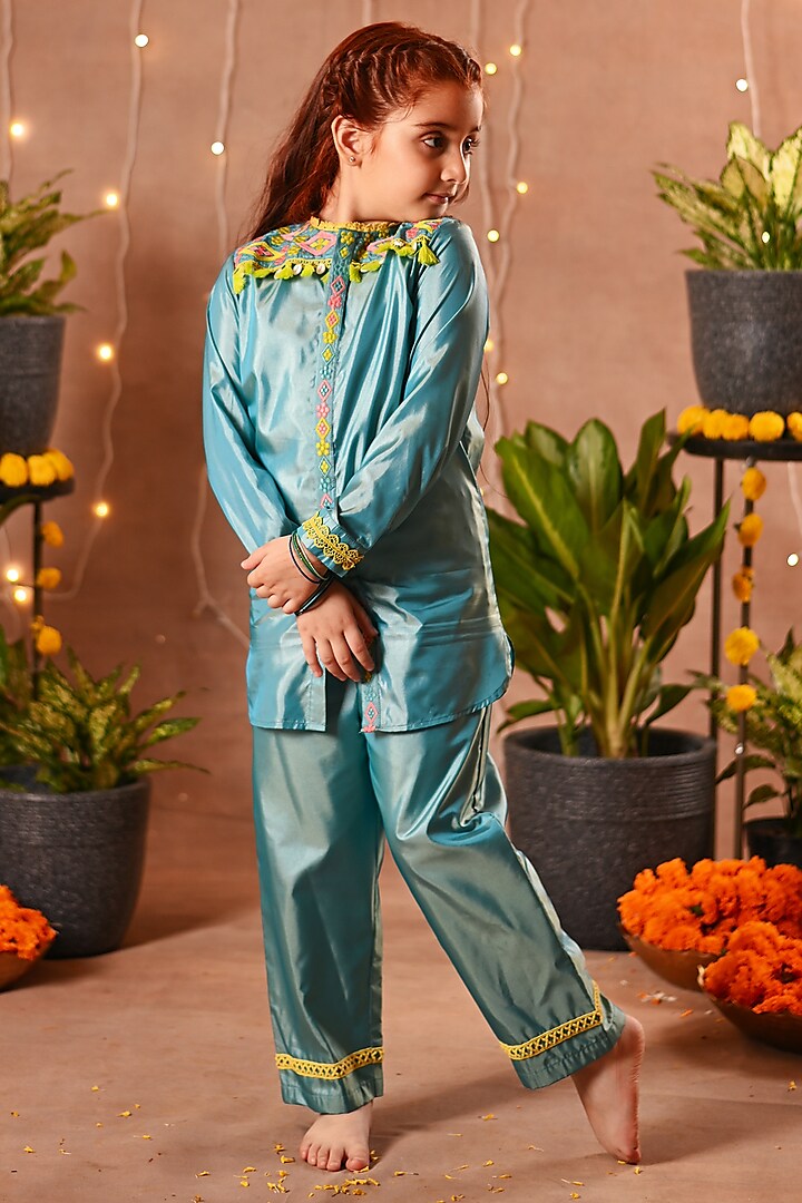 Blue Silk Pant Set For Girls by MINI TRAILS at Pernia's Pop Up Shop