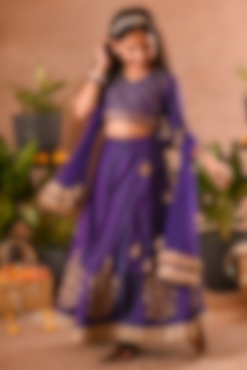 Purple Silk & Mesh Angrakha Lehenga Set For Girls by MINI TRAILS at Pernia's Pop Up Shop