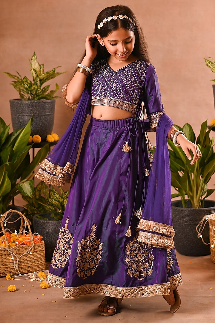 Purple Silk & Mesh Angrakha Lehenga Set For Girls by MINI TRAILS at Pernia's Pop Up Shop