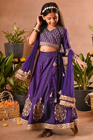 Purple Silk & Mesh Angrakha Lehenga Set For Girls by MINI TRAILS