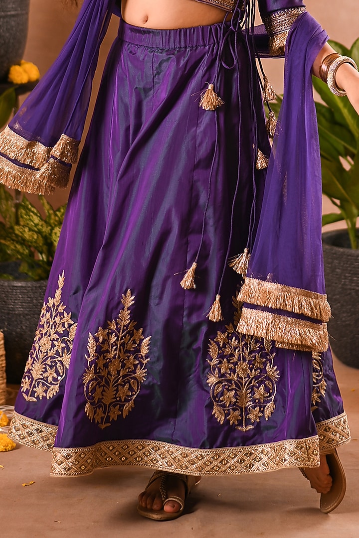 Purple Silk & Mesh Angrakha Lehenga Set For Girls by MINI TRAILS at Pernia's Pop Up Shop