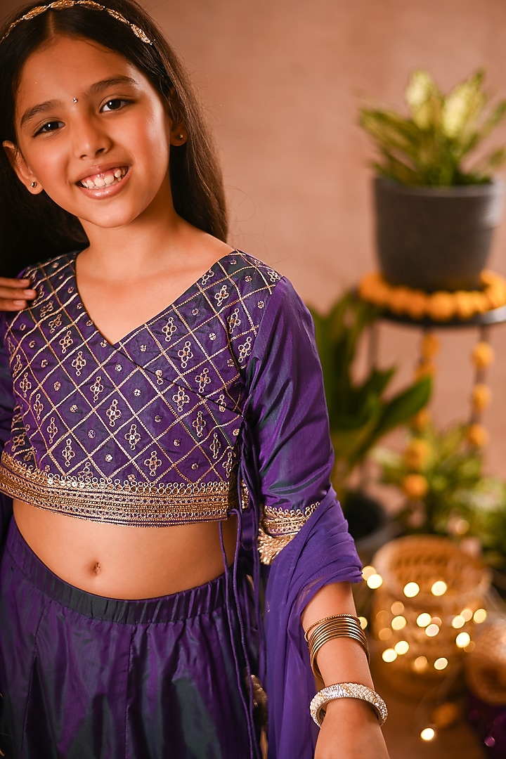 Purple Silk & Mesh Angrakha Lehenga Set For Girls by MINI TRAILS at Pernia's Pop Up Shop