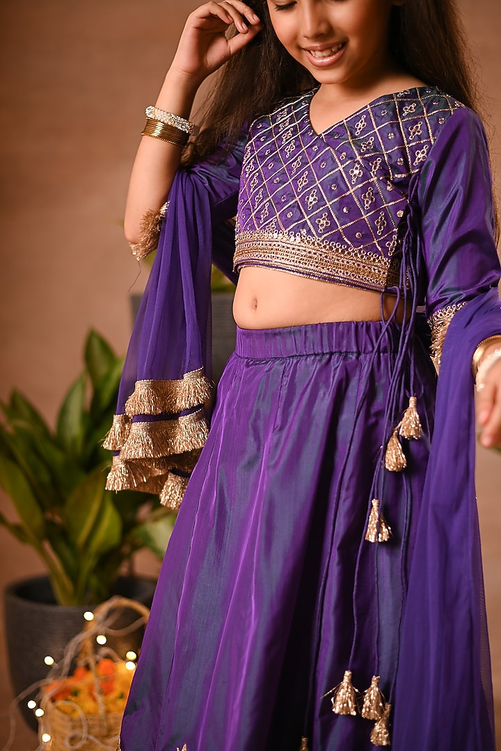 Purple Silk & Mesh Angrakha Lehenga Set For Girls by MINI TRAILS at Pernia's Pop Up Shop