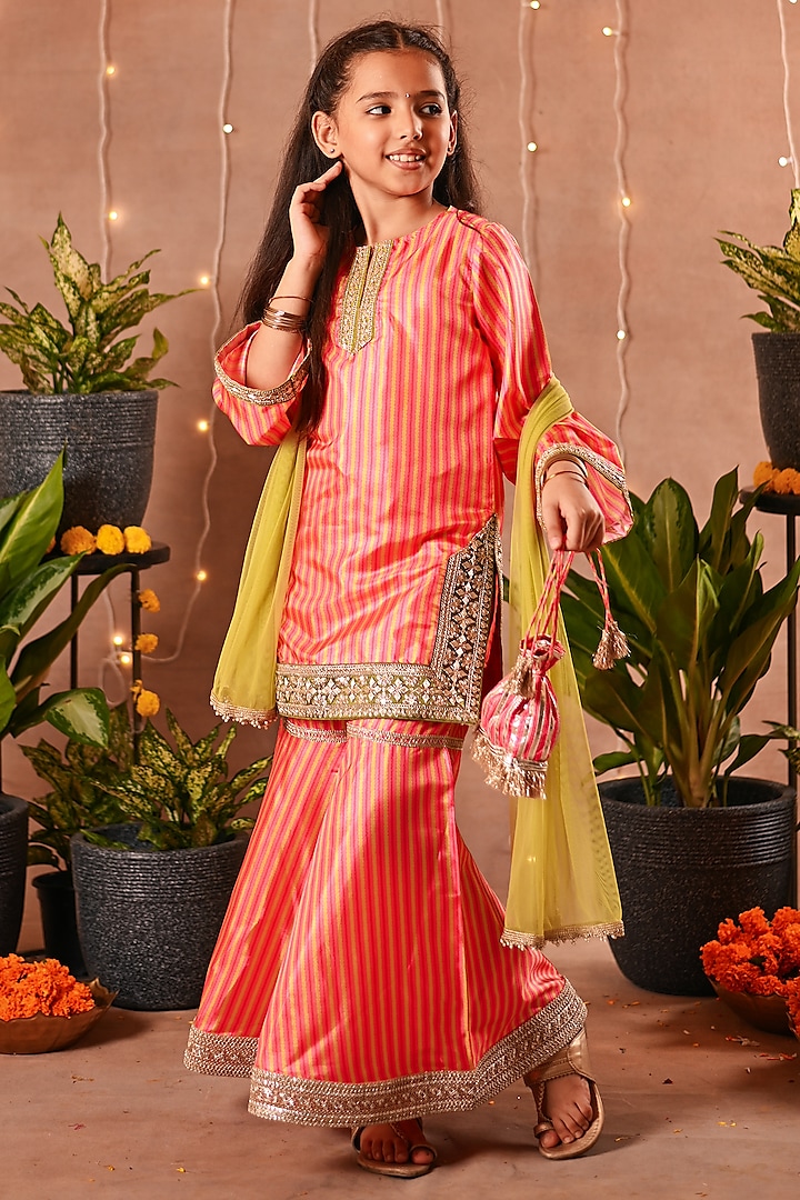 Multi-Colored Silk & Mesh Sharara Set For Girls by MINI TRAILS at Pernia's Pop Up Shop