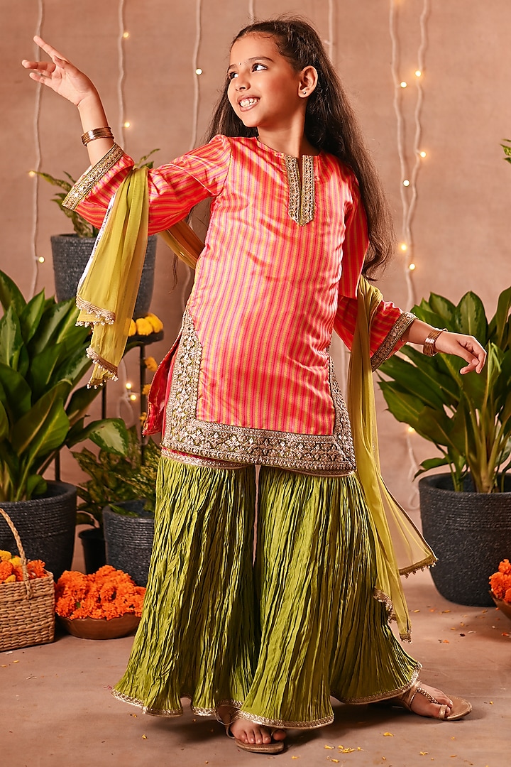 Olive Green Cotton Silk & Cotton Voile Sharara Set For Girls by MINI TRAILS at Pernia's Pop Up Shop