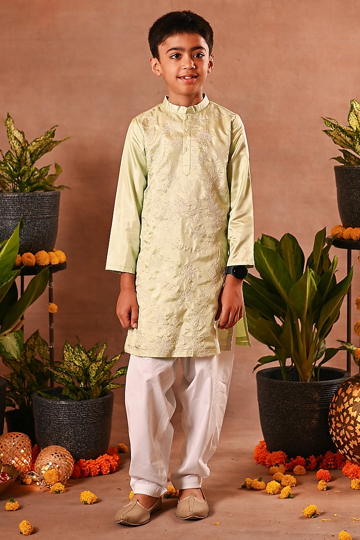 Apple Green Silk & Cotton Voile Embroidered Kurta Set For Boys by MINI TRAILS