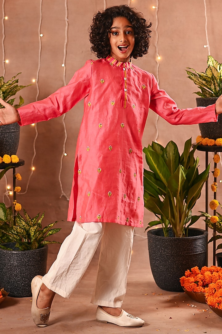 Pink Cotton Silk & Cotton Poplin Embroidered Kurta Set For Boys by MINI TRAILS