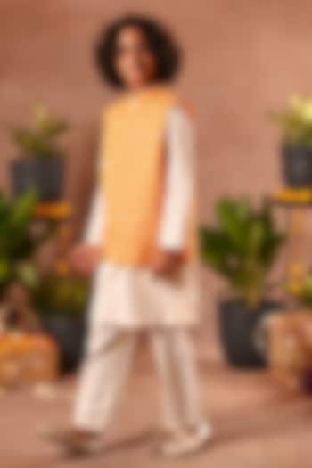 Orange Silk & Cotton Voile Nehru Jacket Set For Boys by MINI TRAILS