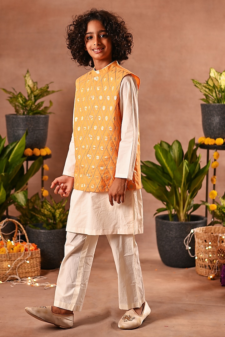 Orange Silk & Cotton Voile Nehru Jacket Set For Boys by MINI TRAILS