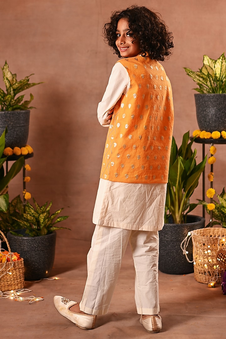 Orange Silk & Cotton Voile Nehru Jacket Set For Boys by MINI TRAILS at Pernia's Pop Up Shop