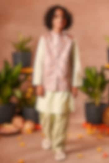 Peach Cotton Silk & Cotton Voile Nehru Jacket Set For Boys by MINI TRAILS